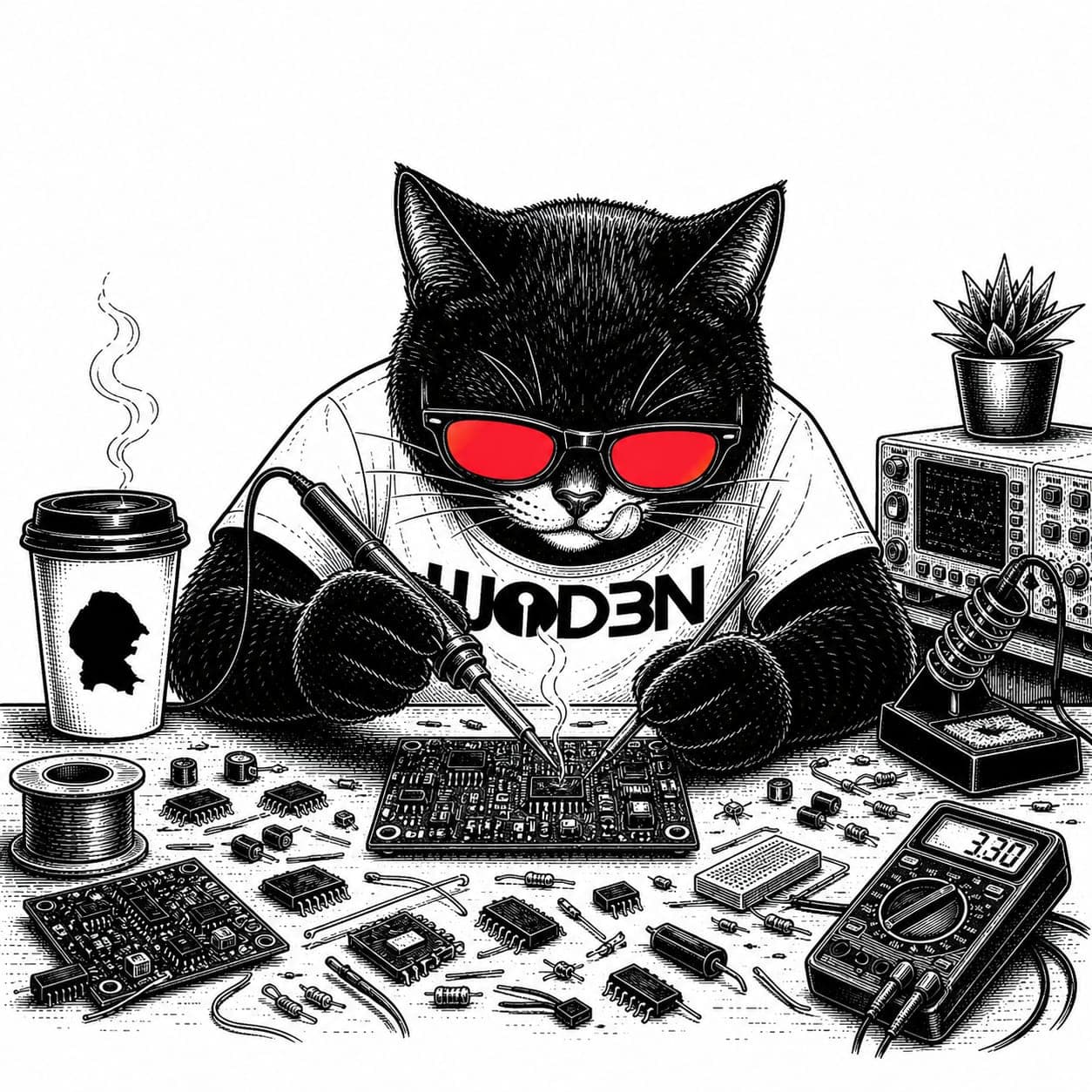 Ilustración técnica de gato desarrollador para Woden